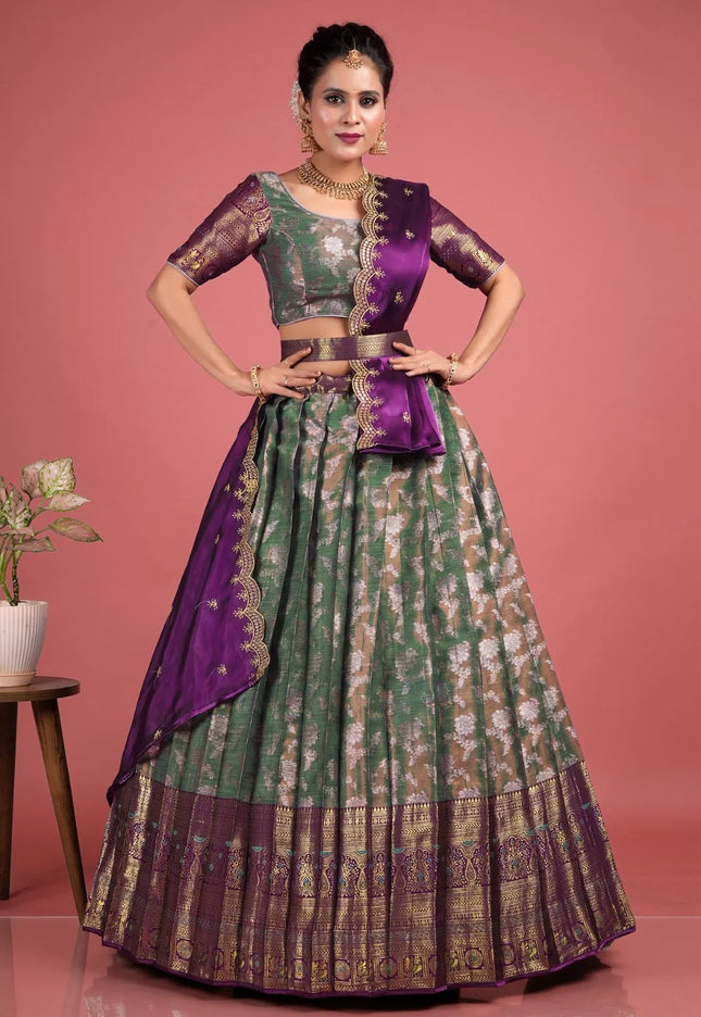 Sea Green Silk Zari Work Lehenga Choli With Dupatta For Women