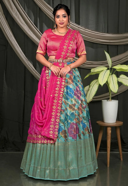 Sea Green Viscose Silk Half Saree With Digital Print
