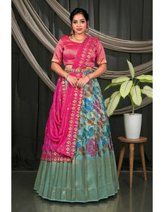 Sea Green Viscose Silk Half Saree With Digital Print