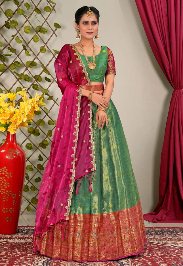 Sea Green Zari Silk Lehenga Choli With Dupatta For Women