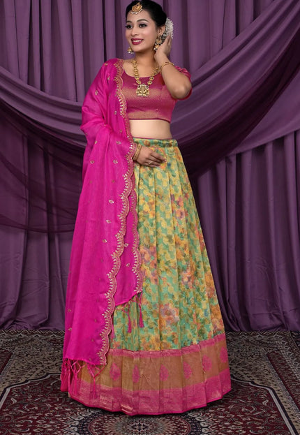 Sea Green Zari Tissue Silk Digital Print Lehenga Choli For Women