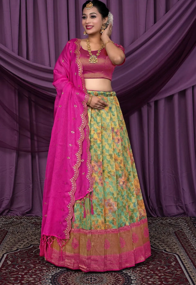 Sea Green Zari Tissue Silk Digital Print Lehenga Choli For Women