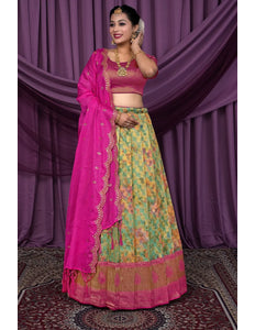 Sea Green Zari Tissue Silk Digital Print Lehenga Choli For Women