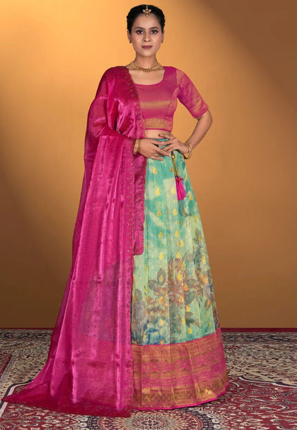 Sea Green Zari Tissue Silk Lehenga Choli For Women
