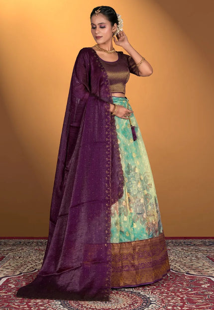 Sea Green Zari Tissue Silk Lehenga Choli For Women