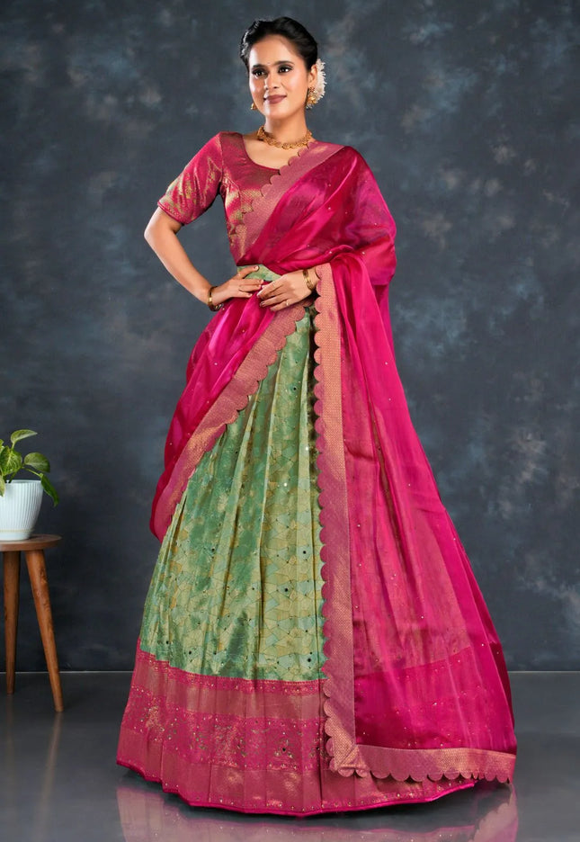 Sea Green Zari Tissue Silk Semi-Stitched Lehenga For Women