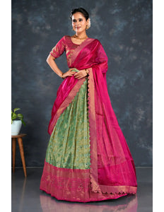Sea Green Zari Tissue Silk Semi-Stitched Lehenga For Women