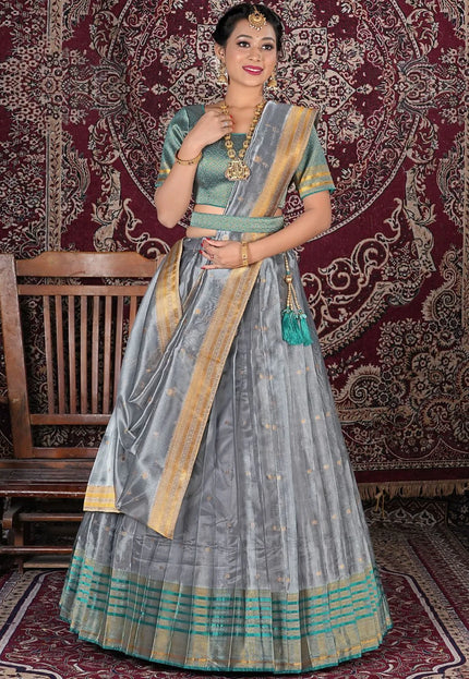 Silver Latest Designer Tissue Silk Lehenga Choli With Dupatta