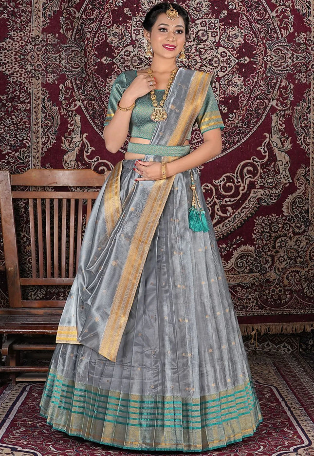 Silver Latest Designer Tissue Silk Lehenga Choli With Dupatta