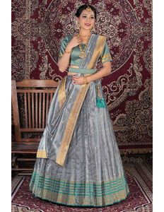 Silver Latest Designer Tissue Silk Lehenga Choli With Dupatta