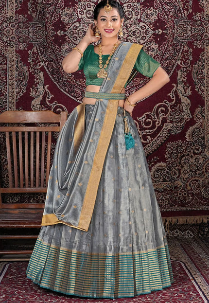 Silver Latest Designer Tissue Silk Lehenga Choli With Dupatta
