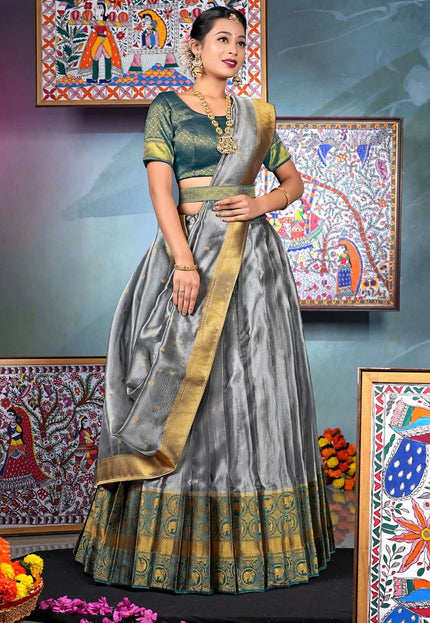 Silver Rama Tissue Silk Lehenga Choli With Dupatta For Women