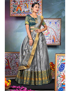 Silver Rama Tissue Silk Lehenga Choli With Dupatta For Women