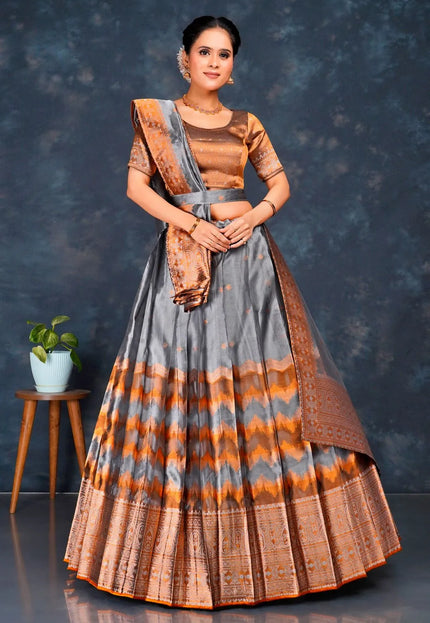 Silver Tissue Silk Half Saree With Dupatta For Women