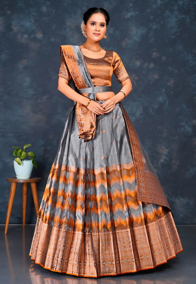 Silver Tissue Silk Half Saree With Dupatta For Women