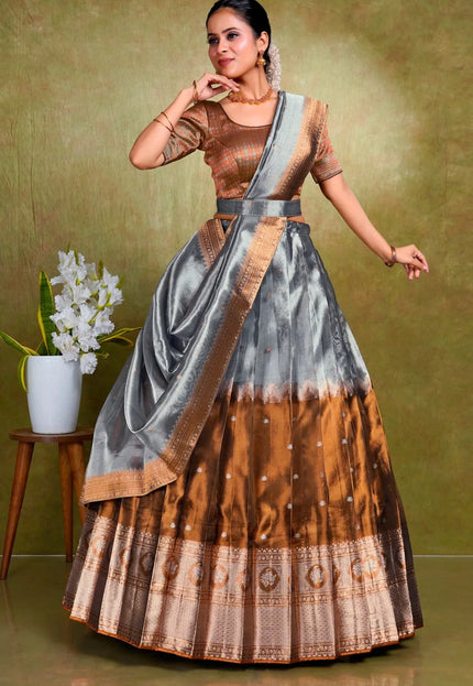 Silver Tissue Silk Zari Work Half Saree For Women