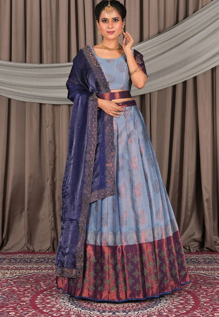 Sky Blue Banarasi Silk Pattu Lehenga Choli With Zari Work