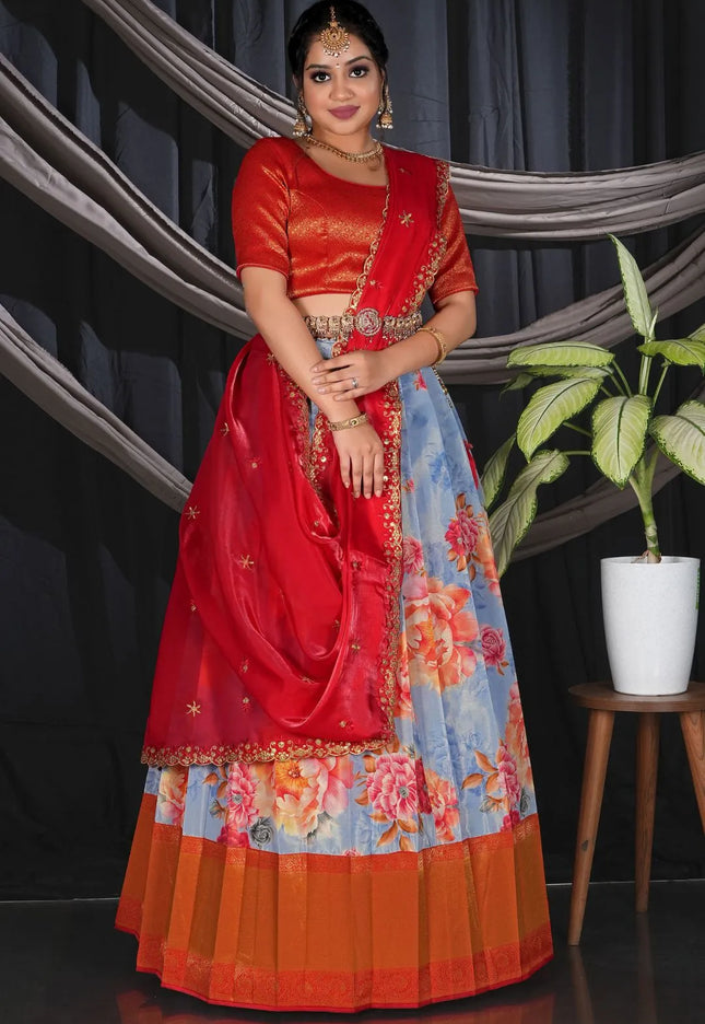 Sky Blue Banarasi Digital Print Traditional Lehenga Choli