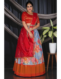 Sky Blue Banarasi Digital Print Traditional Lehenga Choli