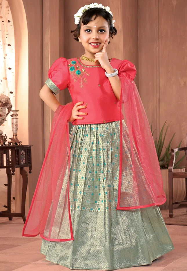 Sky Blue Banarasi Kids Lehenga Style With Gajari Net Dupatta