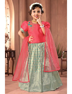 Sky Blue Banarasi Kids Lehenga Style With Gajari Net Dupatta