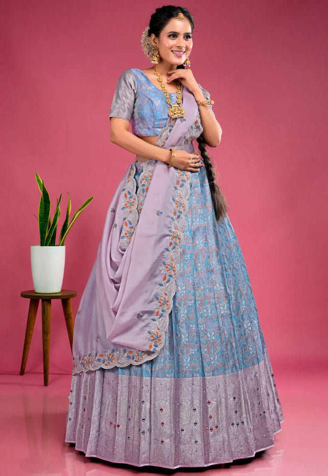 Sky Blue Banarasi Silk Floral Lehenga Choli Fendy Dupatta