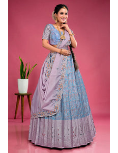 Sky Blue Banarasi Silk Floral Lehenga Choli Fendy Dupatta