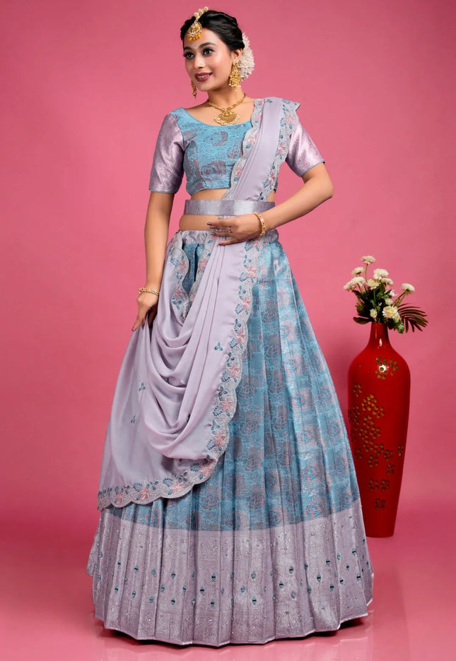 Sky Blue Banarasi Silk Floral Lehenga Choli For Women