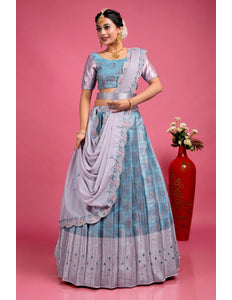 Sky Blue Banarasi Silk Floral Lehenga Choli For Women