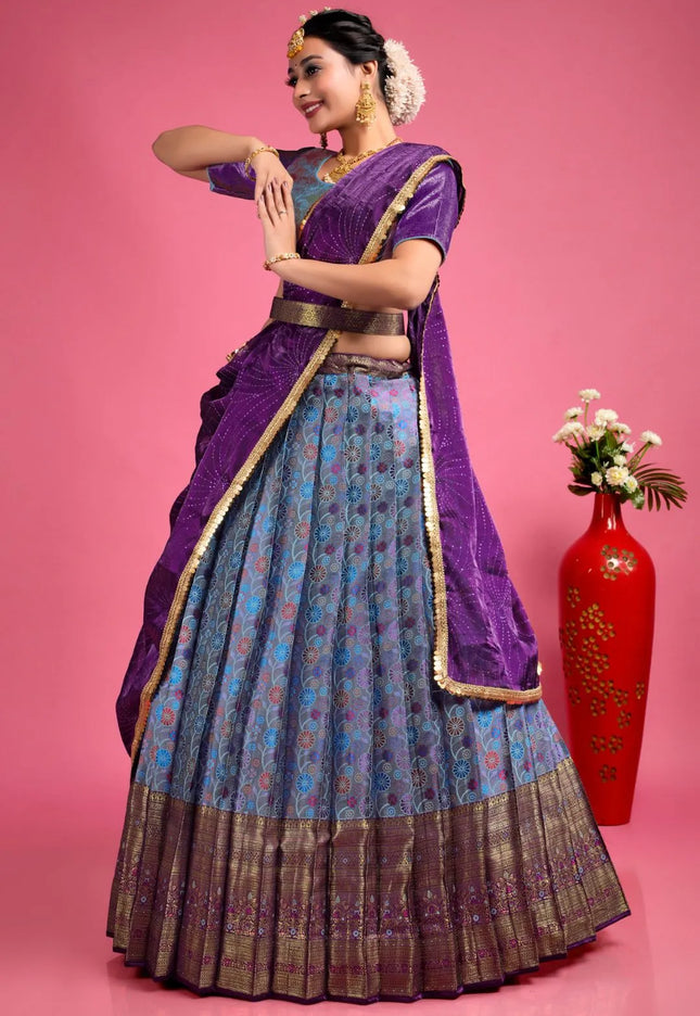 Sky Blue Banarasi Silk Lehenga Choli With Zari Weaving
