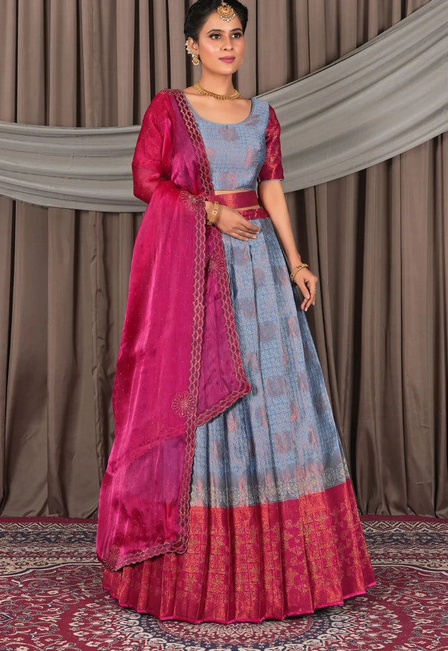 Sky Blue Banarasi Silk Pattu Lehenga Choli With Zari Work