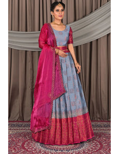 Sky Blue Banarasi Silk Pattu Lehenga Choli With Zari Work