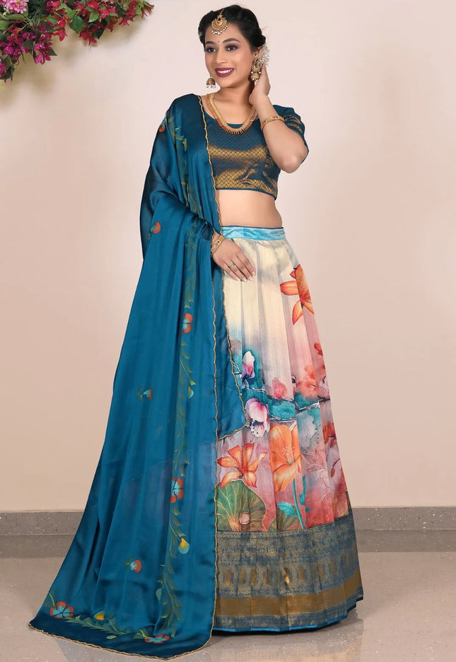 Sky Blue Banglori Slub Digital Printed Lehenga Choli With Dupatta