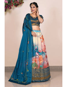 Sky Blue Banglori Slub Digital Printed Lehenga Choli With Dupatta