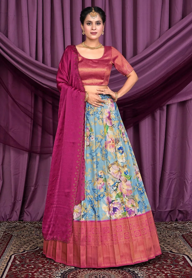 Sky Blue Beautiful Banglori Slub Lehenga Choli Design For Women