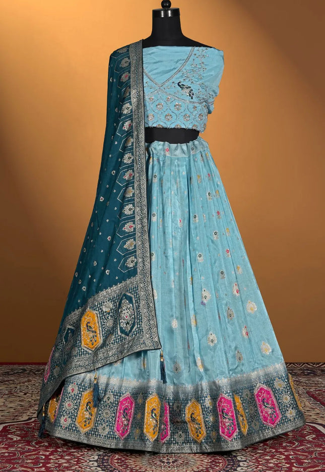 Sky Blue Dola Silk Traditional Lehenga Choli For Weddings