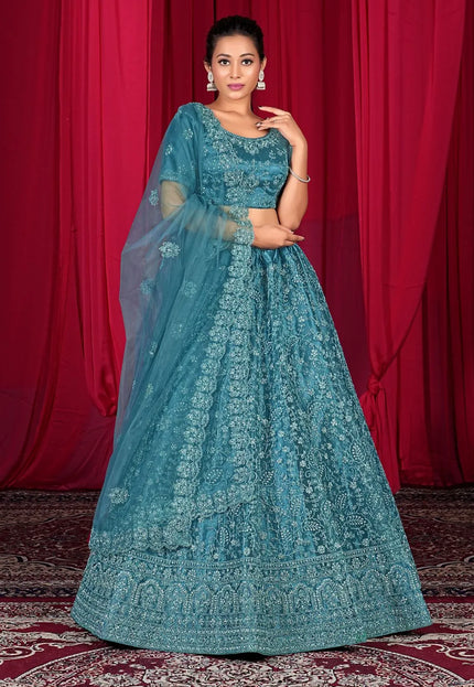 Sky Blue Embroidery Work Net Lehenga Choli For Women