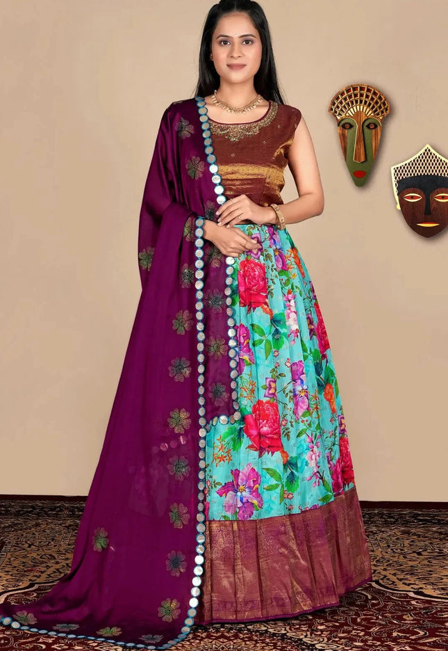Sky Blue Floral Printed Lehenga Choli with Traditional Rangoli Dupatta
