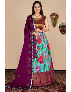 Sky Blue Floral Printed Lehenga Choli with Traditional Rangoli Dupatta