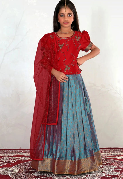 Sky Blue Girls Designer Ghagra Choli Puff Sleeve Blouse with Net Dupatta