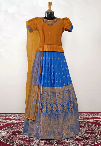 Sky Blue Kids Contrast-Trim Langa Voni Girls Ornate Motif Pattu Pavadai