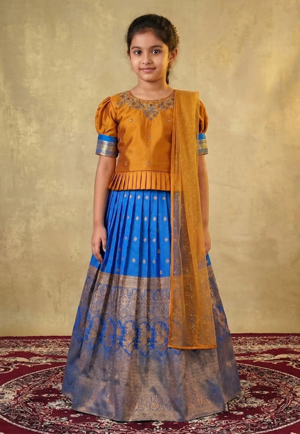 Sky Blue Kids Contrast-Trim Langa Voni Girls Ornate Motif Pattu Pavadai