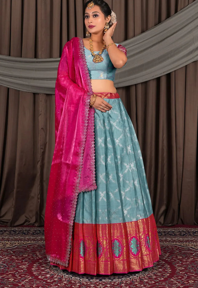 Sky Blue Silk Zari Work Lehenga Choli With Dupatta For Women