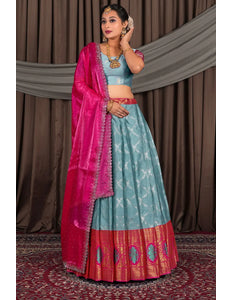 Sky Blue Silk Zari Work Lehenga Choli With Dupatta For Women