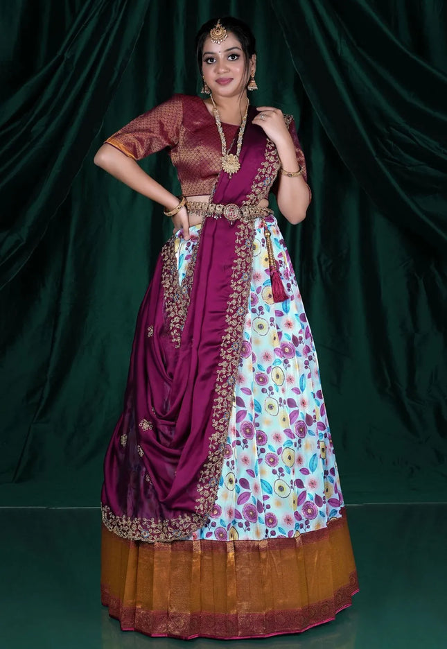 Sky Blue Slub Silk Lehenga Choli With Dupatta For Women