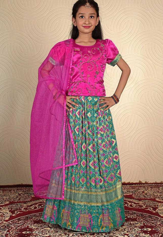 Sky Blue Traditional Patola Style Lehenga Choli Set for Girls Festive Wear