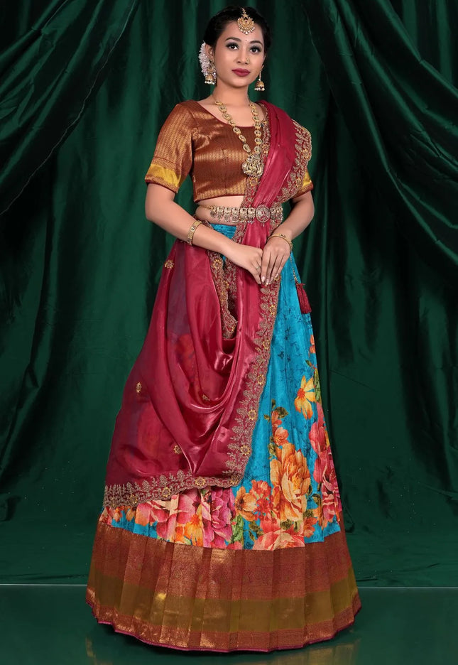Sky Blue Viscose Silk Half Saree With Digital Print