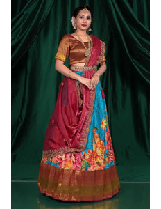 Sky Blue Viscose Silk Half Saree With Digital Print