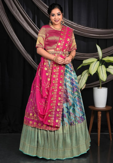 Sky Blue Viscose Silk Half Saree With Digital Print For Girls