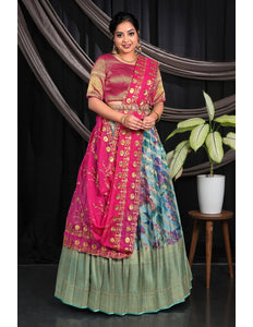 Sky Blue Viscose Silk Half Saree With Digital Print For Girls